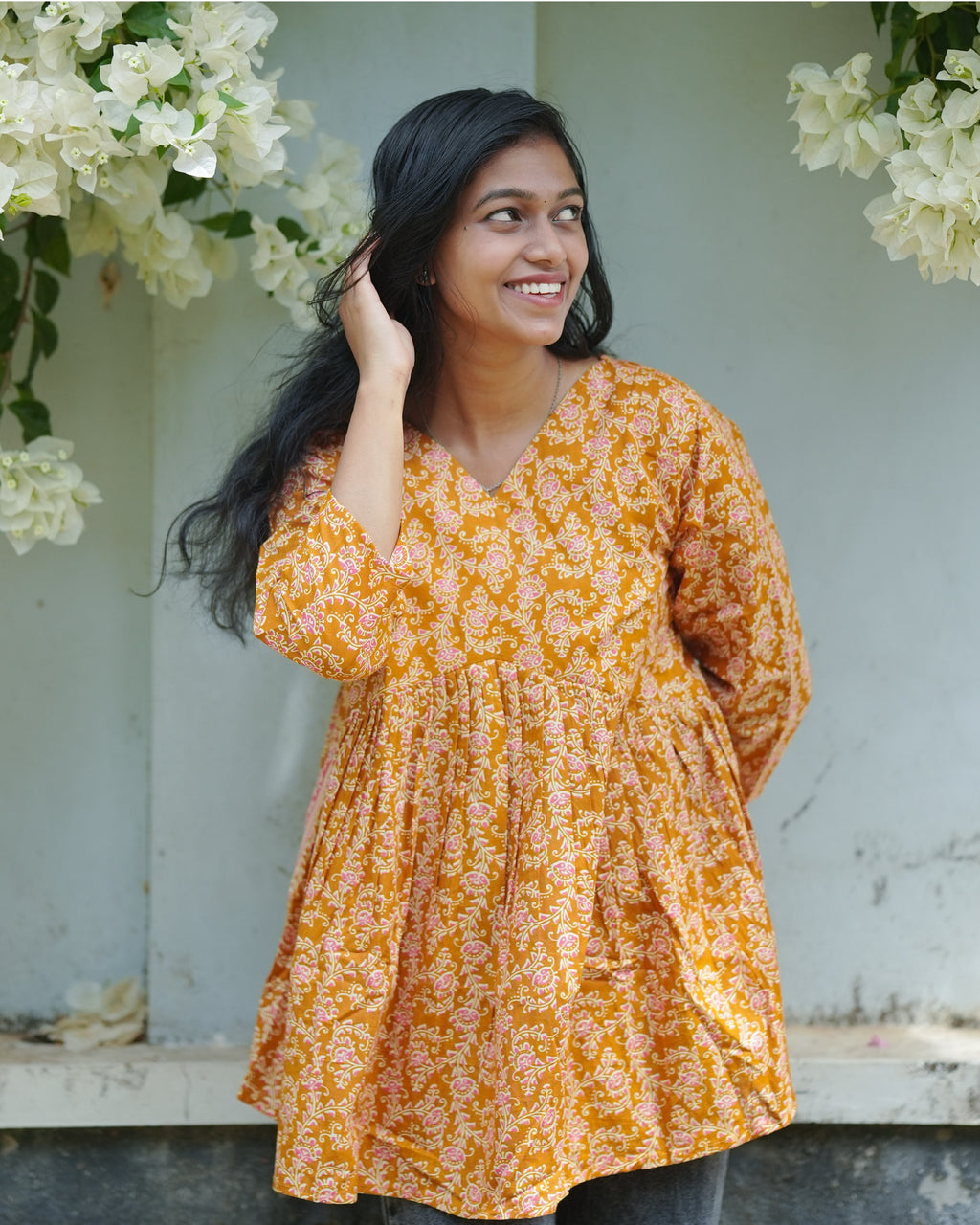Mustard Yellow Cotton Peplum Kurti Top