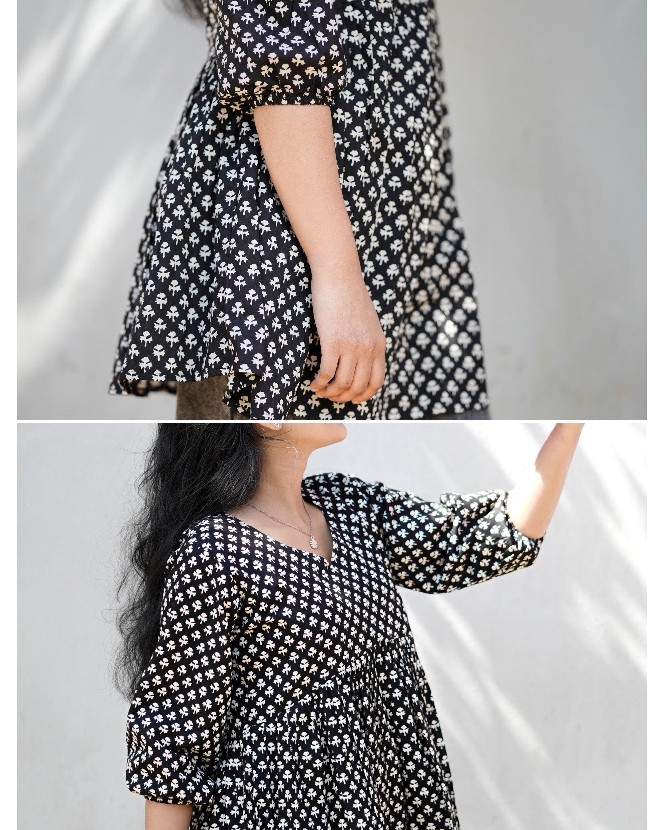 Black & White Floral Print Cotton Peplum Kurti Top