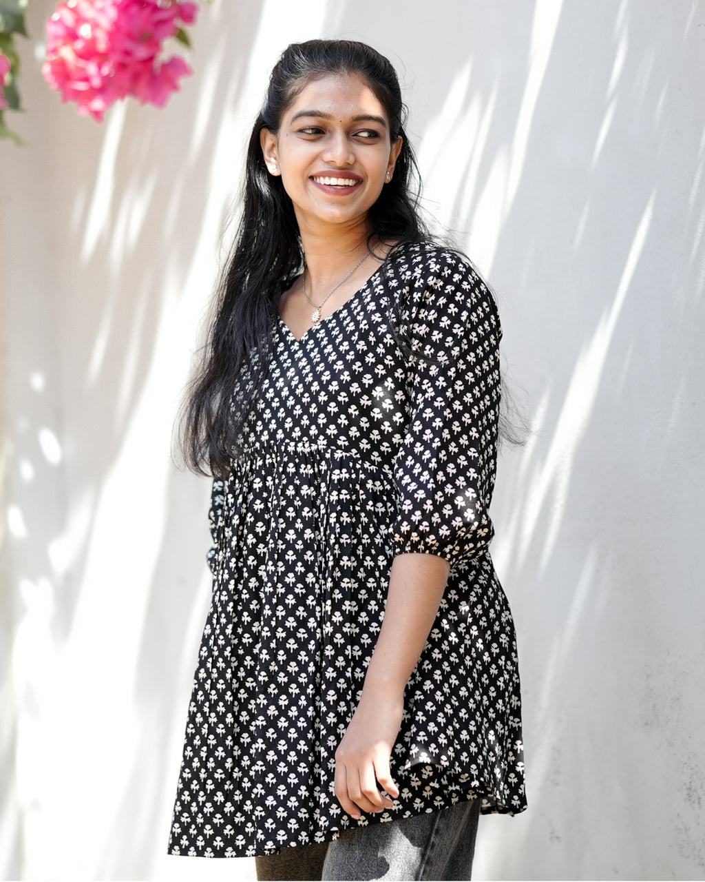 Black & White Floral Print Cotton Peplum Kurti Top