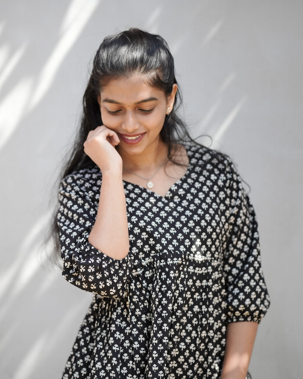 Black & White Floral Print Cotton Peplum Kurti Top