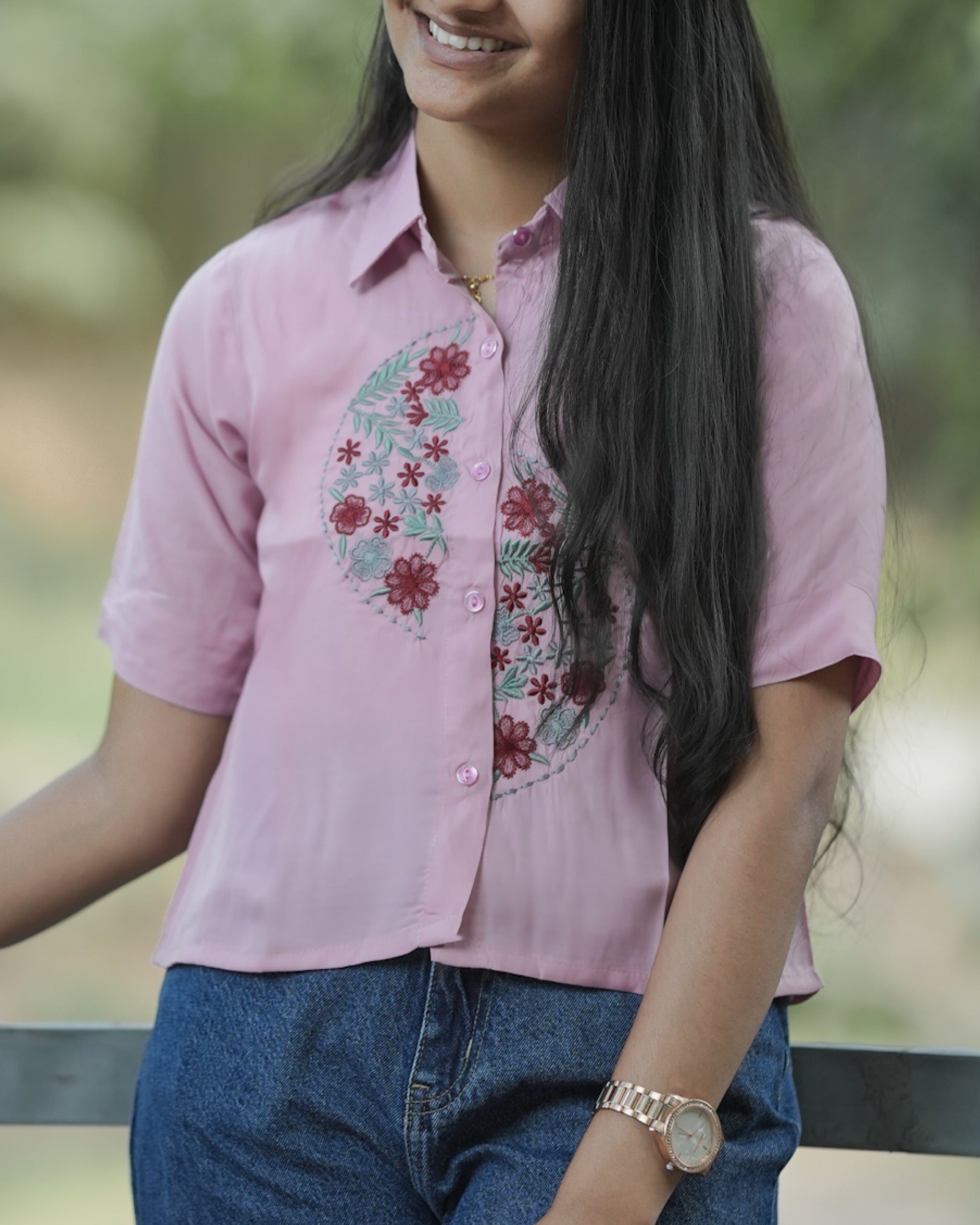 Short Sleeve Button-Down Crop Shirt