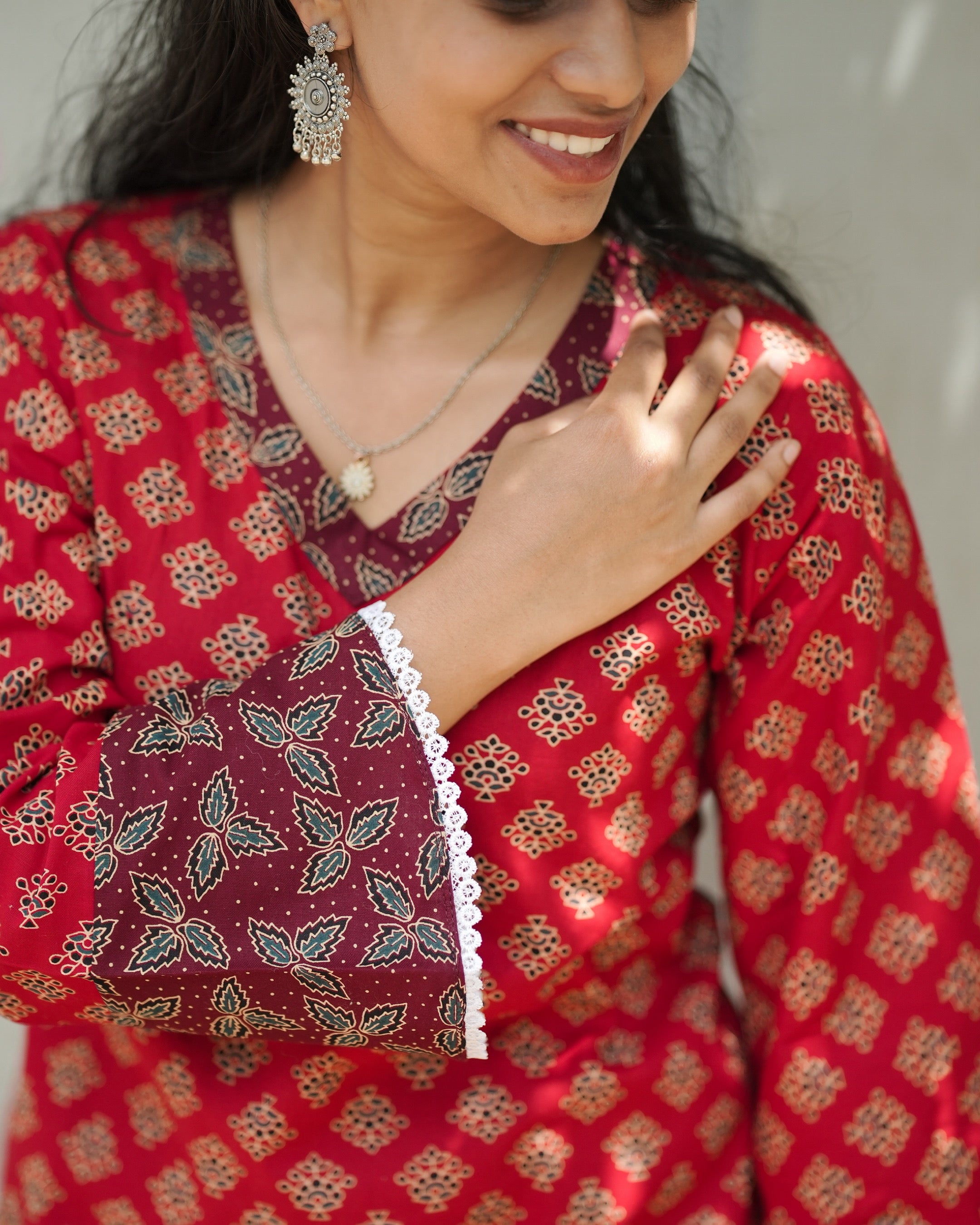 Red Ajrakh Print Cotton Kurthi with Bell Sleeves and Lace Trim