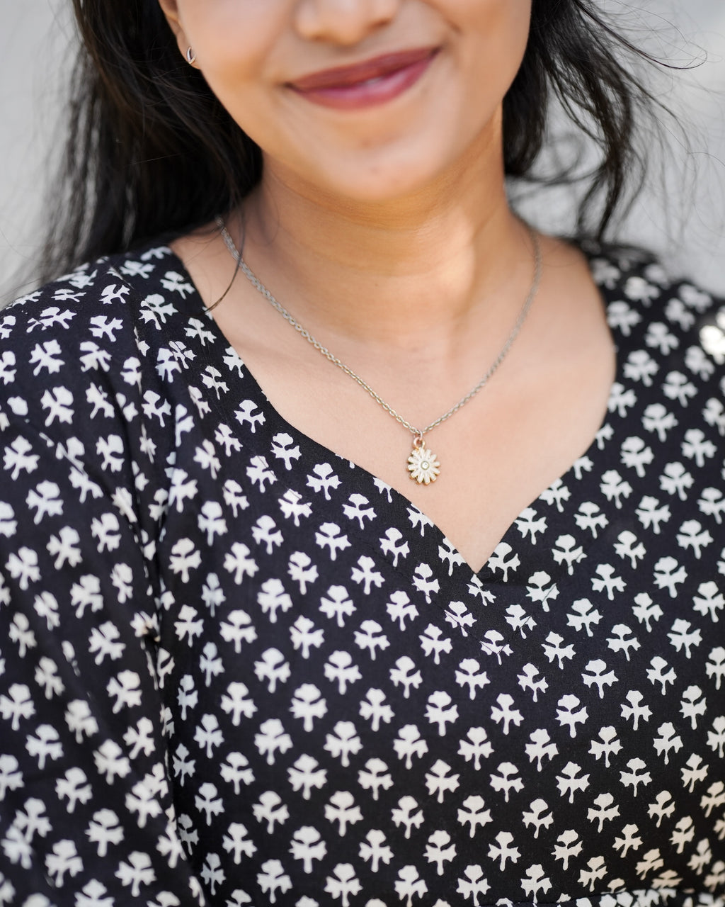 Black & White Floral Print Cotton Peplum Kurti Top