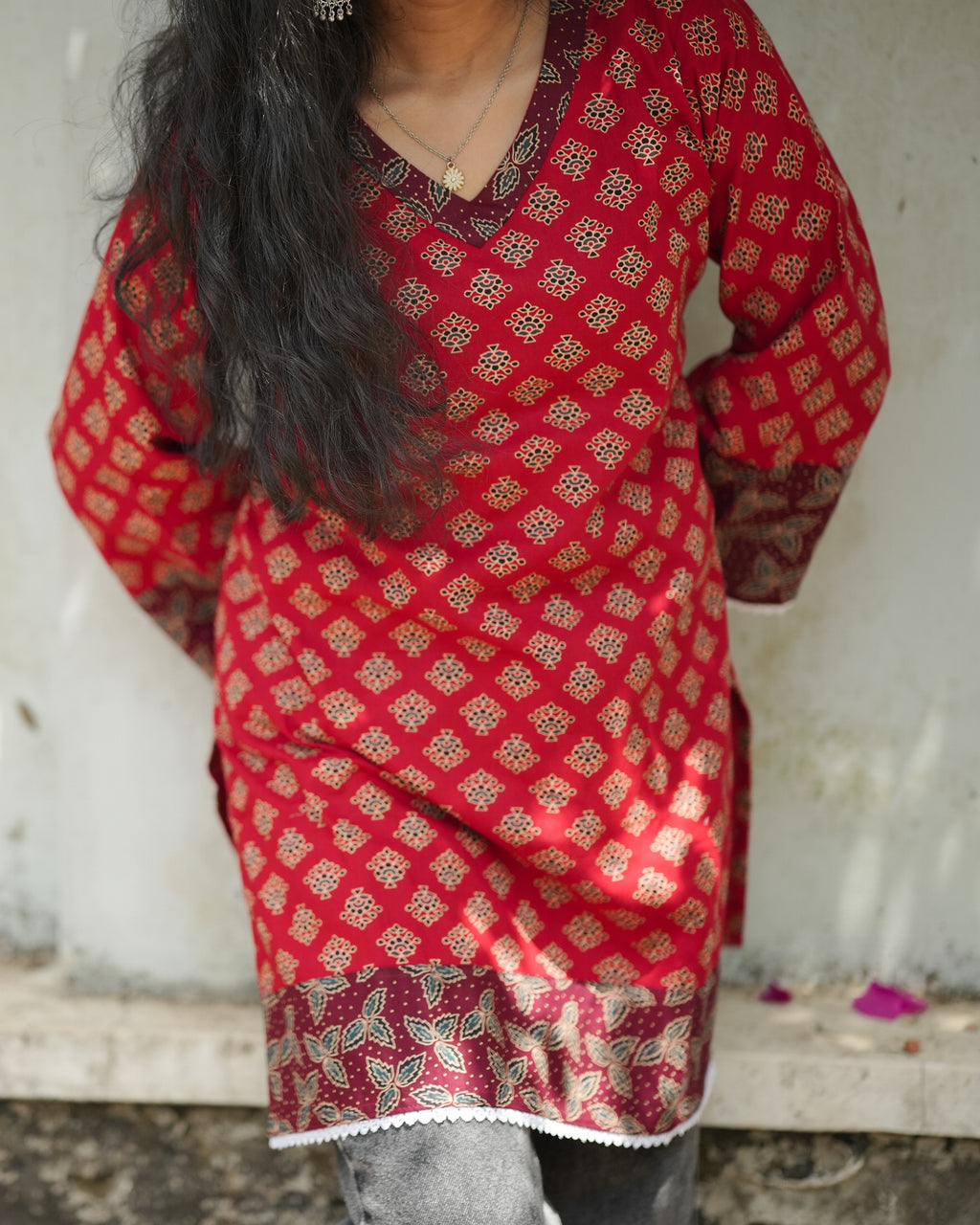 Red Ajrakh Print Cotton Kurthi with Bell Sleeves and Lace Trim