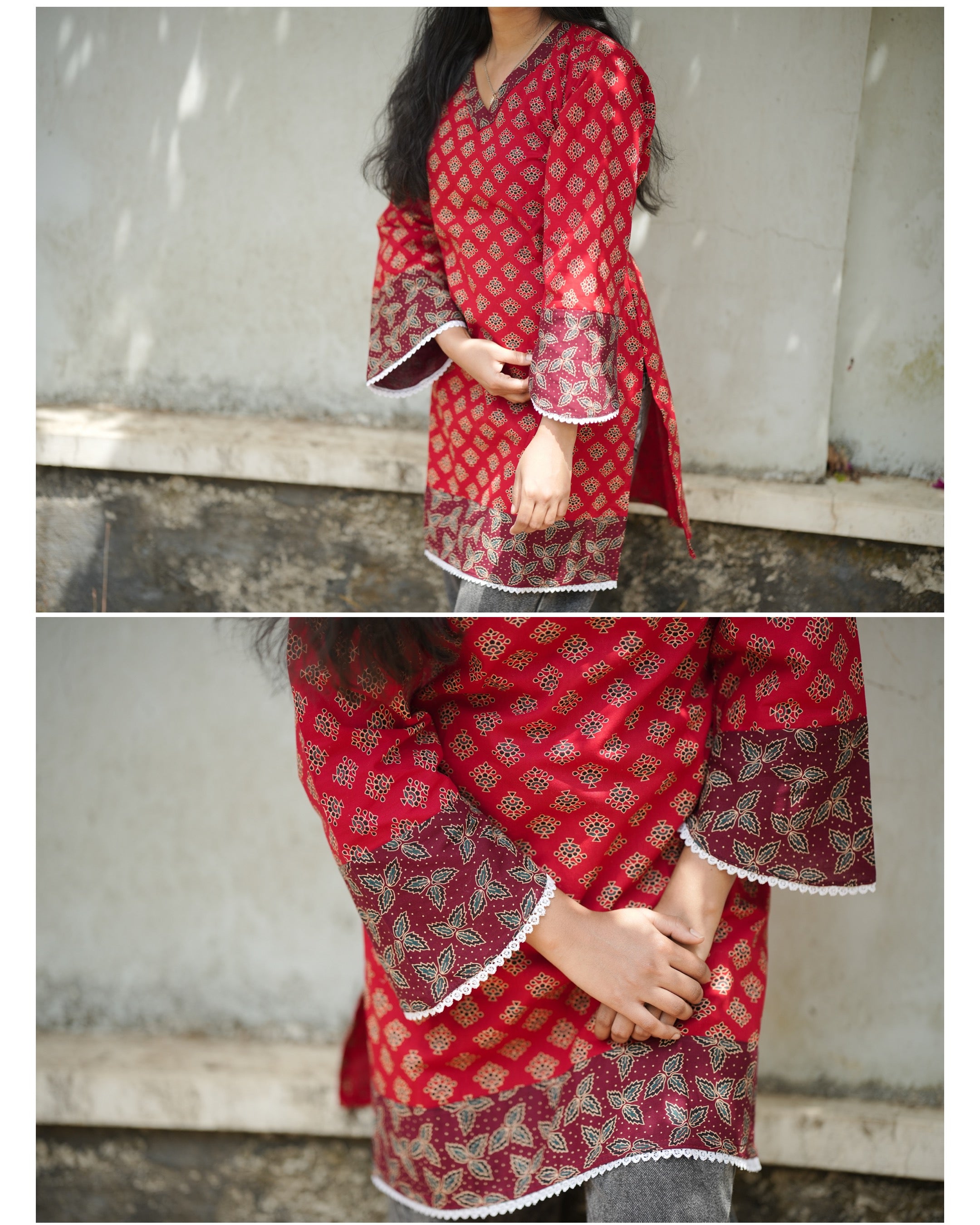 Red Ajrakh Print Cotton Kurthi with Bell Sleeves and Lace Trim