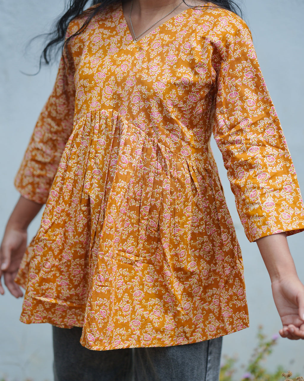 Mustard Yellow Cotton Peplum Kurti Top