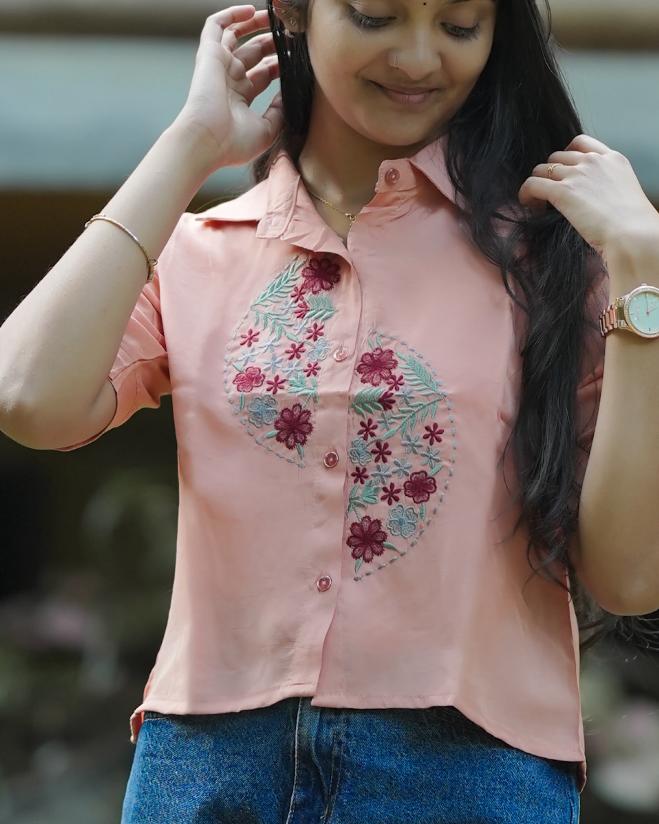 Short Sleeve Button-Down Crop Shirt